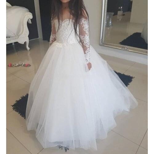 White Long Sleeves Flower Girl Dresses For Wedding Child Birthday Party Gown First Communion Dress 1-14Y