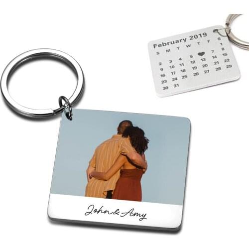 Double-side Personalized Date Calendar Keychain,Custom Photo Keyring with Names,Couples Wedding Christmas Anniversary Gift