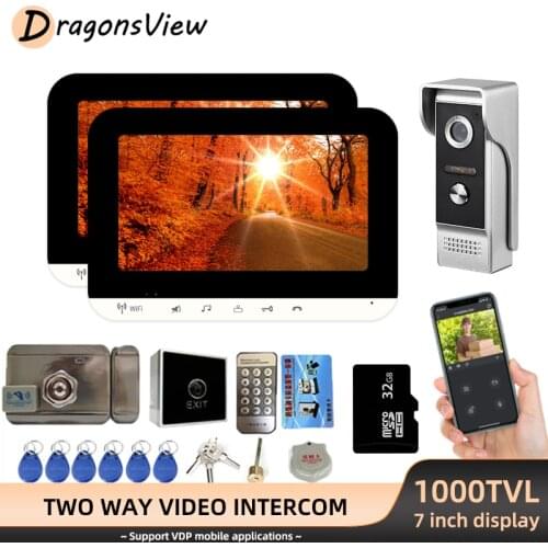DragonsView Wifi Intercom with Electric Lock 2 Monitors 1000TVL Doorbell Camera Record Remote Unlock Wireless Video Door Phone