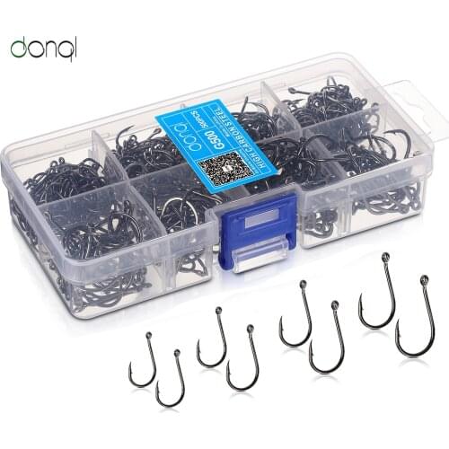 DONQL 500pcs/Box High Carbon Steel Barbed Fishing Hook Mixed Size Jiging Fishook Bait Holder Carp Fishing Sea Fishing Tool