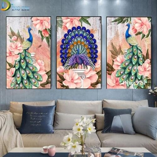 Modern Art Home Decor 5D Diamond Painting Triptych Flowers Diy Cross Stitch Peafowl Full Square Round Drill Embroidery Mosaic