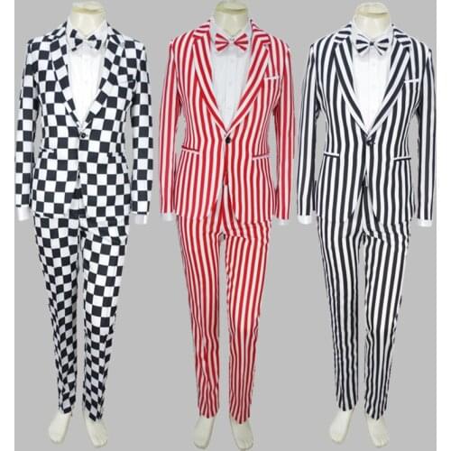 Men Sets Bebes Black White Plaid Coat Pants Bow Tie 3pcs Male Singer Suit Clown Costume Magic Stage Show Theme Striped 4XL Suit