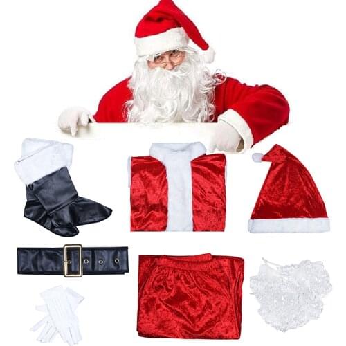 Reneecho Adult Santa Claus Costume Big Size Christmas Costume 7 Pieces Set Men Santa Xmas Belly