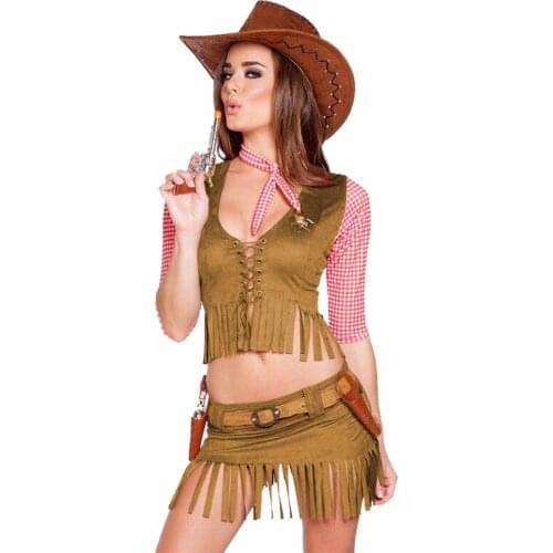 Western Cowgirl Cowboy Costume Hat Top Skirt Full Set Halloween Stage Performance Pirate Costume Women for Party Show