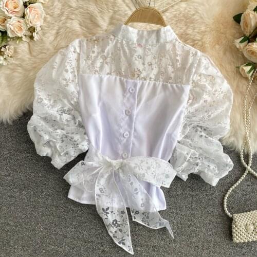 Summer new printed straps crop top Round neck temperament commuting crop top women Puff sleeve tops for women 2021