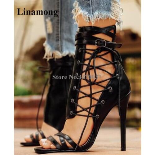 2018 New Fashion Women Charming Open Toe Side Lace-up Gladiator Sandals Cut-out Leather High Heel Sandals Dress Shoes