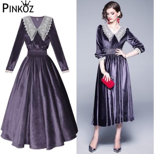 Pinkoz Plus Size New Boho Autumn Vintage Velvet Elegant Long Midi Long Lantern Sleeve Dress Elastic High Waist Turn Down Collar
