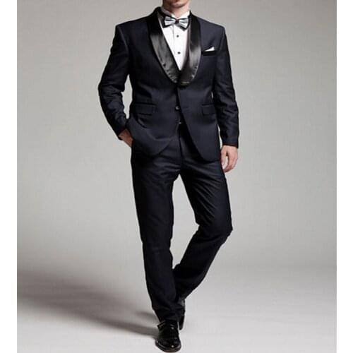 Newest Groomsmen Dark Navy Blue Groom Tuxedos Shawl Black Lapel Men Suits Wedding/Prom Best Man Blazer ( Jacket+Pants+Tie ) C387