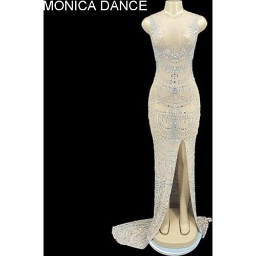 Sexy Long Tail Sleeveless Dress See Through Mesh Rhinestone Evening Birthday Celebrate Costume Transparent Dancer Prom Outfit