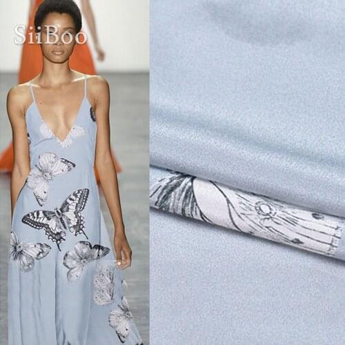 American style butterfly print 100% silk crepe de chine fabric for dress shirt pure silk fabric cloth tela tejido 12mm SP4094