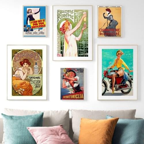 Vintage Motorcycle Sexy Woman Wall Art Men and Women Drinking Canvas Painting Posters and Prints Pictures for Living Room Decor