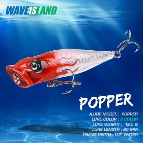 WAVEISLAND Popper Fishing Lures 9cm12.5g Whopper Lures Fake Bait Isca Artificial Topwater Lure Popper Saltwater laser lures