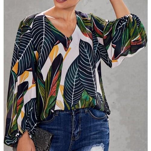 Women T-shirt Boho Floral Print Top Lantern Blouse Long Sleeve Shirt Summer V-Neck Party Beach Pullover Femme vestido de mujer