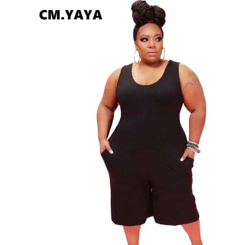 CM.YAYA Women Plus Size Playsuit Solid Sleeveless Pockets Loose Straight Playsuits Casual Fashion Rompers Summer Overalls Outfit