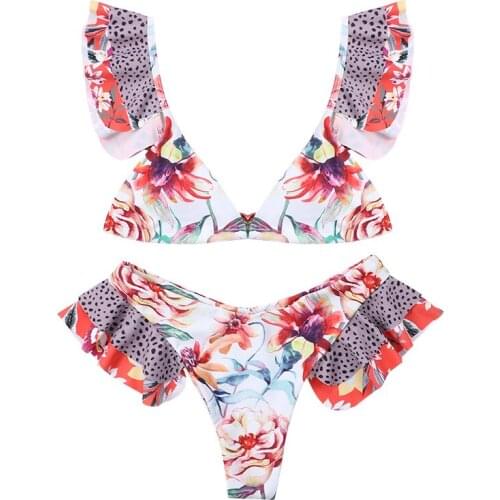 Womens Ruffled Cute Stitching Printed Bikini 2-Piece Swimsuit