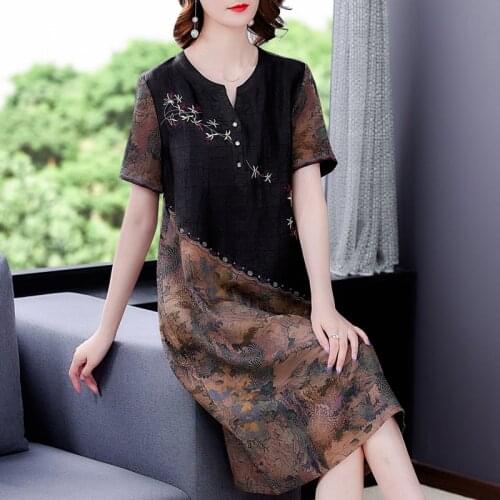 Summer Floral Embroiderry Real Silk Satin Vintage Midi Dress 2021 Casual 4XL Plus Size Dress Women Elegant Bodycon Party Vestido