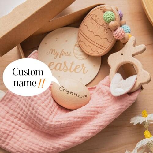 4 pcs/set Wooden Easter Egg Set DIY Newborn Teething Montessori Toys Cotton Baby Bibs+Bracelet+Wooden Egg+Milestone