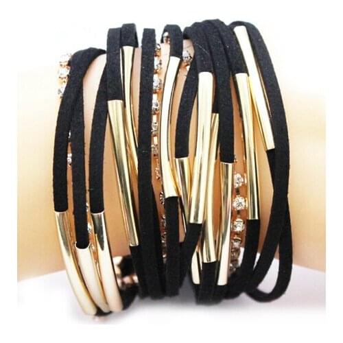 Free drop shipping beige suede braid magnetic bracelet multiple pipe and 3string rhinestone cupchain women bracelets