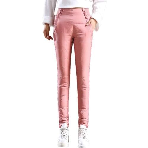 High waist 80% White Duck down pants womens outer wear winter slim slimming thick High elasticity stretch down warm Lace pants