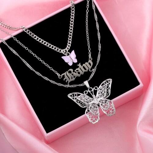 Caraquet Hollow Big Butterfly Baby Letter Pendants Necklace For Women Multilayer Gold Silver Color Metal Necklace Trendy Jewelry