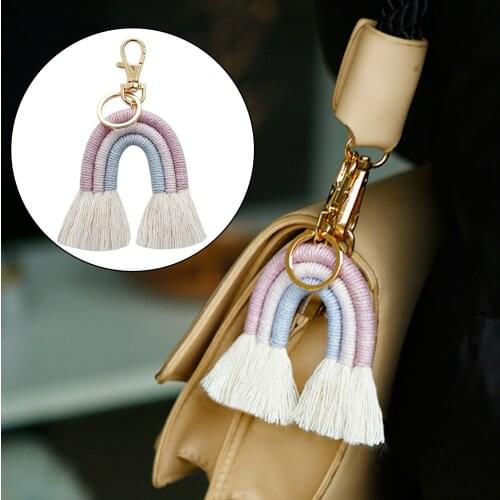 Weaving Rainbow Keychain Macrame Tassel Charms Keyring Colorful Key Ring Bag Wallet Purse Backpack Key Chain for Women Girls