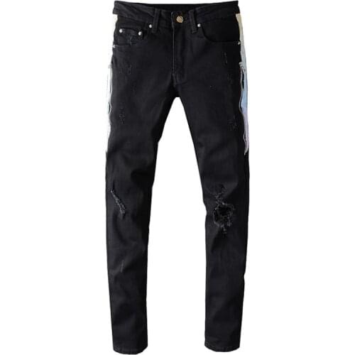 Mens pleated stripe line patchwork black jeans Streetwear slim skinny stretch denim ripped pants