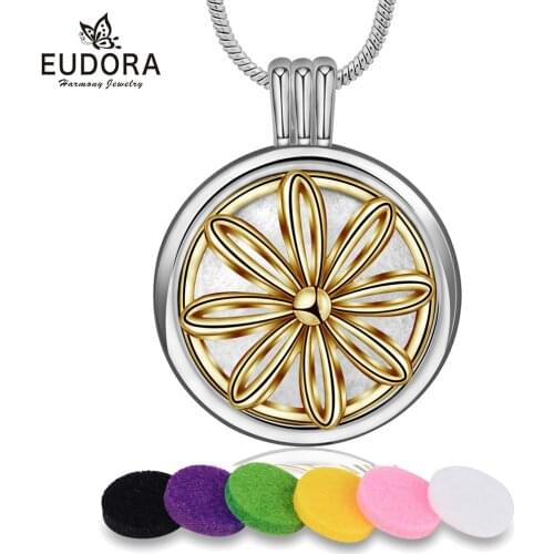 Eudora 20mm Aroma locket Necklace Aromatherapy Essential Oil Diffuser Perfume daisy flower Pendant Jewelry X56G20