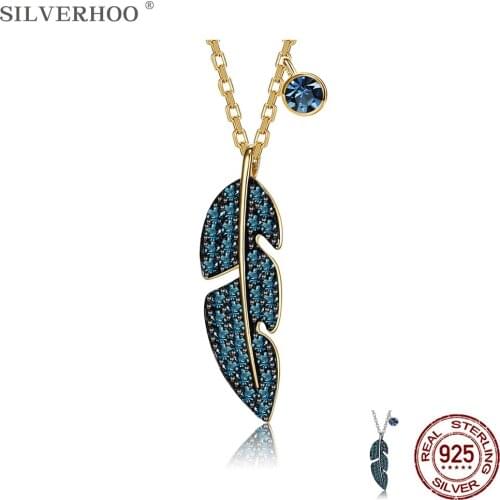 SILVERHOO 925 Sterling Silver Shiny Full Cubic Zirconia Feather Pendant Necklaces For Women Trendy Gold Color Necklace Jewelry