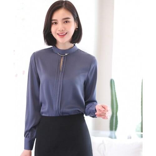 IZICFLY Autumn Spring Beading Stand Gray Shirt Women Slim New Casual Office Elegant Fashion Korean Style Blouse Plus Size Work
