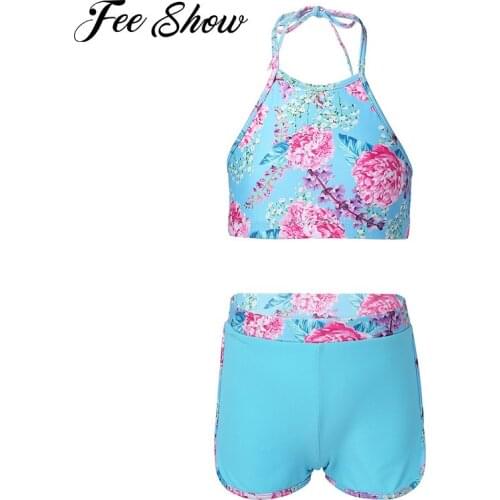 2Pcs Kids Girls Summer Dancing Sportswear Exercise Dance Suit Clothes Sleeveless Halter Yoga Crop Top Yoga Shorts Running Sets