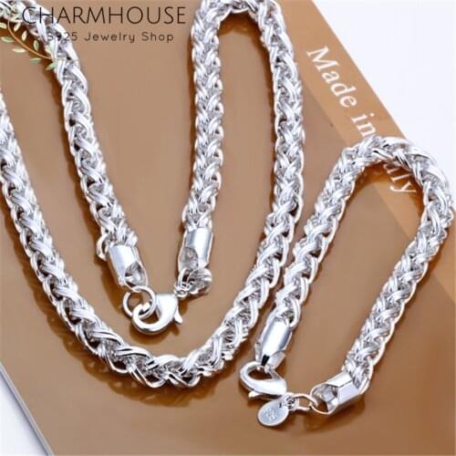 Charmhouse Silver 925 Jewelry Sets For Men 8mm Braid Chain Necklace Bracelet Collier Pulseira 2pcs Jewelery Set Decoration