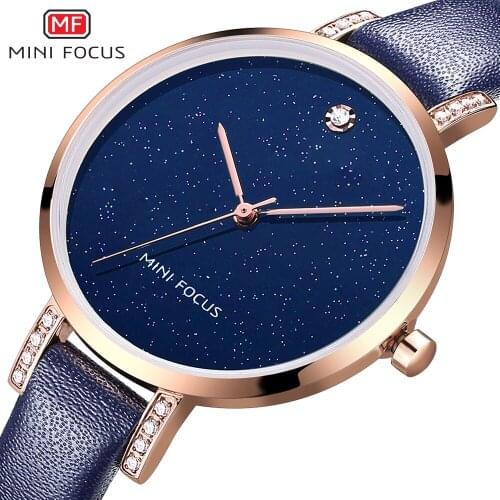 MINIFOCUS Fashion Luxury Shining Star Style Gold Watch Women Leather Ultra Slim Dial Women Dress Watches relogio feminino reloj
