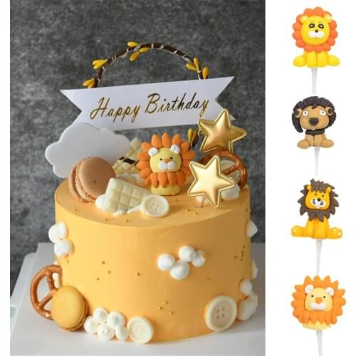 Cartoon Lion Ornaments Cake Topper Polymer Clay Forest Animal Theme Birthday Party Decoration Cute Ornament with Base Cake Decor