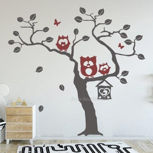 Cute Owl Birds Large Tree Wall Stickers Decal Wallpaper Mural Nursery Baby Room Bedroom Forest Home Background Decoration LL2585