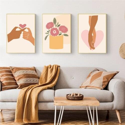 Romantic Lovers Hand In Hand Canvas Painting Nordic Abstract Line Flower Wall Art Poster Print Modern Living Room Home Decor