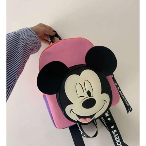 Disney Cartoon Fashion Mickey Mouse Nylon Backpack Bags Silicone PU Cloth Shoulder Strap Zipper Backpack