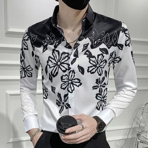 New Arrived Autumn men shirt Black White Flower Patchwork Printed Shirt with Polyester Spandex Material and Turn Down Collar