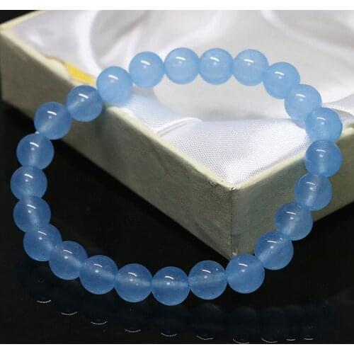New Fashion Blue Semi-precious Stone Chalcedony Jades Bracelet Round Beads 8mm 10mm Fashion Simple Gift Jewelry 7.5inch B1517