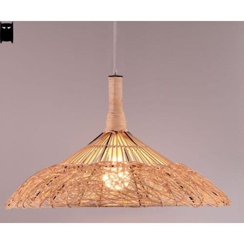 Custom Natural Wicker Rattan Cap Lampshade Pendant Light Fixture Vintage Rustic Asian Hanging Ceiling Lamp Dining Tabler Room