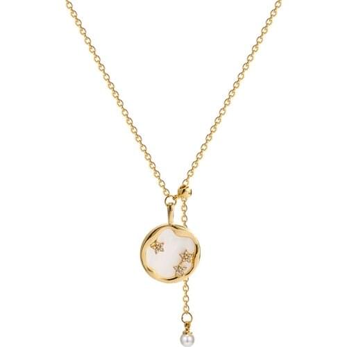 Titanium White Shell With Stars Pendant Necklace Fake Pearl Charm Stainless Steel Chain Necklace For Women Emo Jewelry Gifts