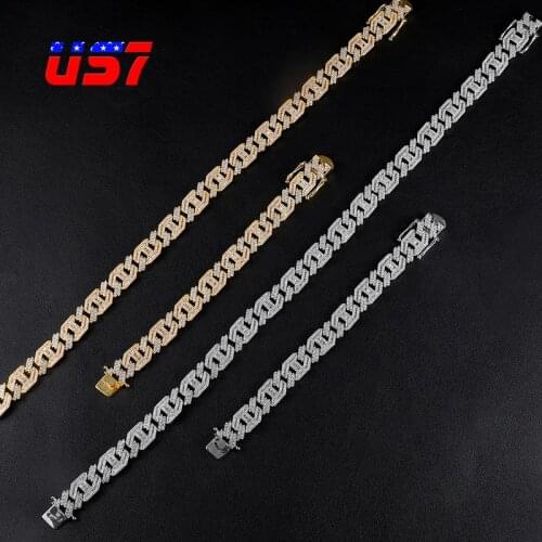 US7 15mm Iced Out CZ Cuban Link Chain Necklace Set Gold Silver Color Copper Prong Neckalces for Men Fashion Hip Hop Jewelry