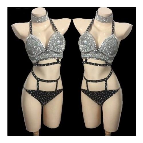 Full Diamond sexy Bikini suits silver Crystals female singer DJ DS costumes nightclub Bar dance performance stage wear show