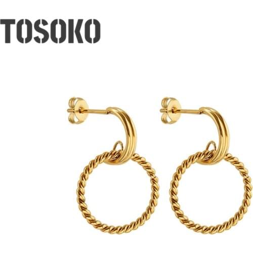 TOSOKO Stainless Steel Jewelry Texture C-Shaped Earrings With Twist Rings And Tassel Earrings Womens Fashion Earrings BSF407
