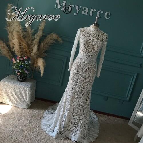 Mryarce Modest Wedding Dress High Neck Long Sleeves Bridal Dresses Mermaid Gowns