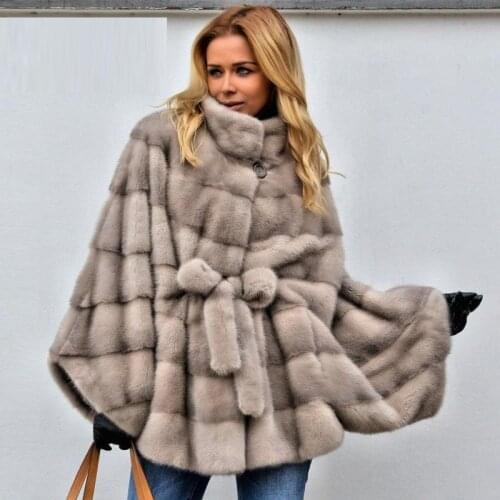 Light Khaki Real Mink Fur Jacket Stand Collar Bat Sleeved Natural Whole Skin Genuine Mink Fur Coat Full Pelt Fur Overcoat Woman