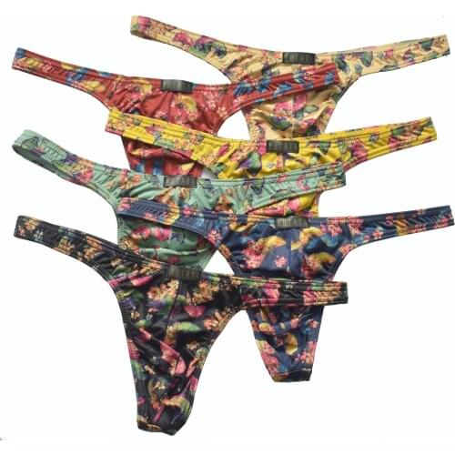 6Pack t Mens Thong Underwear Sexy Milk Silk Ginkgo Leaf Print U-convex Pouch Men Thongs & G Strings Tangas Hombre Ropa Interior