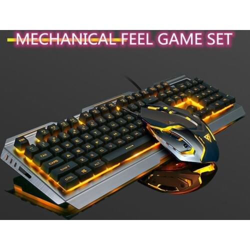 V1 USB Wired Gaming Keyboard Ergonomic Backlit Mechanical Feel and Mouse Set Tungsten Gold Gamer Laptop Computer Gaming Set