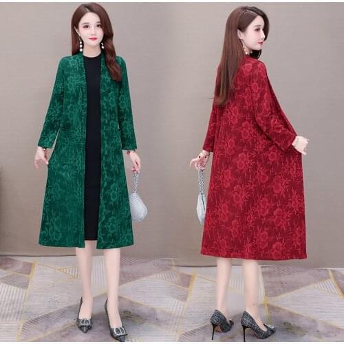 Spring coat womens cardigan mid length mothers February and August windbreaker plus size loose knitting Jacquard outer wear