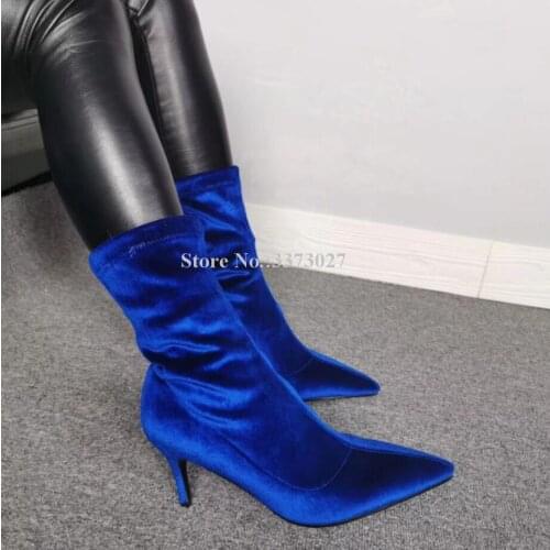Blue Velvet Low Heel Women Ankle Boots Sexy Pointed Toe Slip-on Stiletto Heel Short Boots Real Photos Lady Booties Dropship
