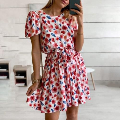 2021 Summer Elegant Short Floral Dress For Women Sweet O-neck Short Sleeve Sashes A-Line Empire Beach Ladies Dresses Robe Femme